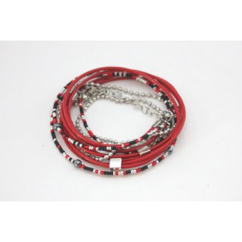 Bracelet boho multi-rangs cuir rouge et acier
