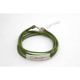 bracelet cuir vert kaki et perle tube