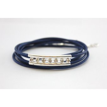 Bracelet cuir bleu perle tube double avec strass