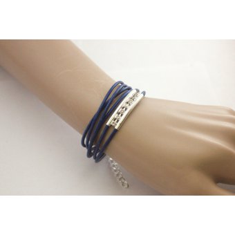 Bracelet cuir bleu perle tube double avec strass