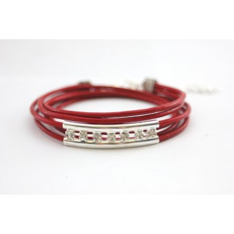 Bracelet cuir rouge perle tube double avec strass