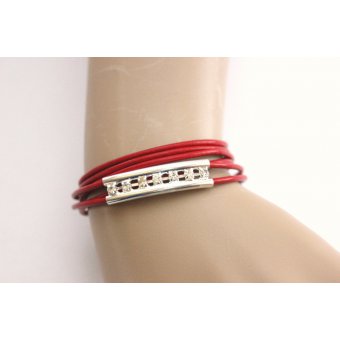 Bracelet cuir rouge perle tube double avec strass