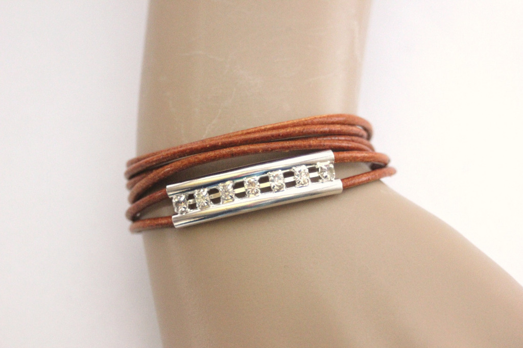 Bracelet cuir camel perle tube double avec strass