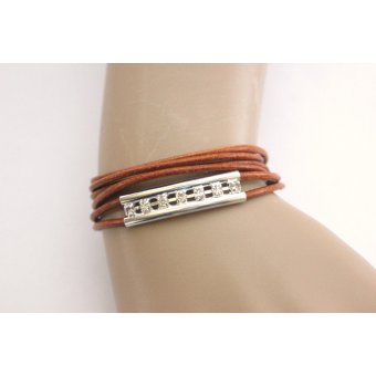 Bracelet cuir camel perle tube double avec strass