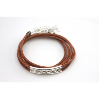 bracelet cuir marron camel et perle tube
