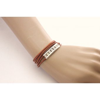 Bracelet cuir camel perle tube double avec strass