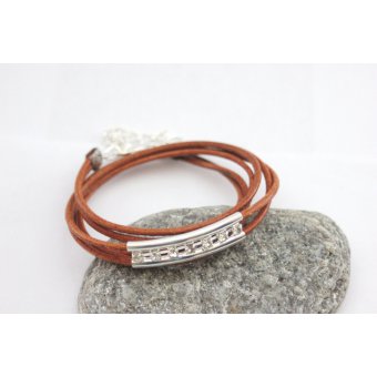 Bracelet cuir camel perle tube double avec strass