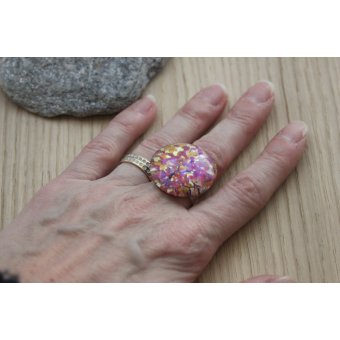 Bague argent cabochon feuille d'argent rose