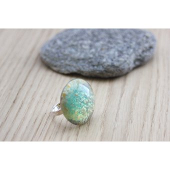 Bague argent cabochon feuille d'argent aqua