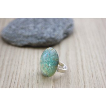 Bague argent cabochon feuille d'argent aqua