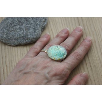 Bague argent cabochon feuille d'argent aqua