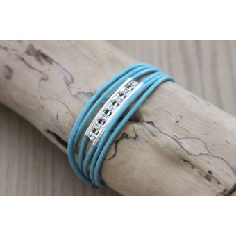 Bracelet cuir turquoise perle tube double & strass