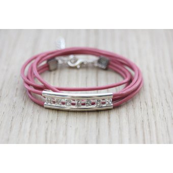 Bracelet cuir rose perle tube double avec strass
