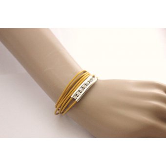 Bracelet cuir jaune perle tube double avec strass