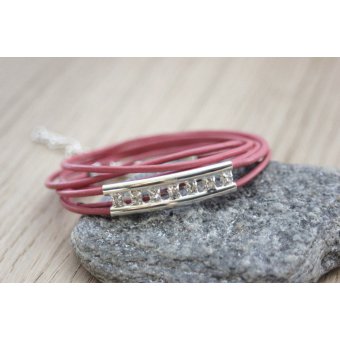 Bracelet cuir rose perle tube double avec strass