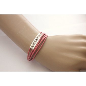 Bracelet cuir rose perle tube double avec strass