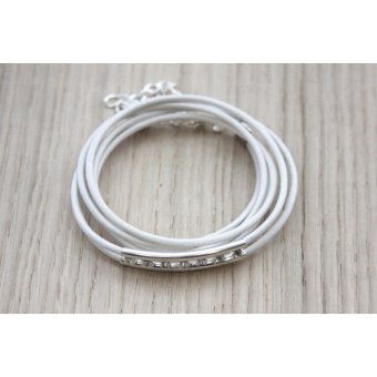 Bracelet cuir blanc perle tube double avec strass