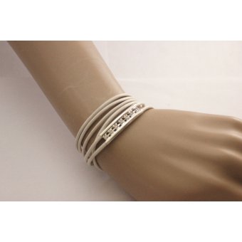 Bracelet cuir blanc perle tube double avec strass