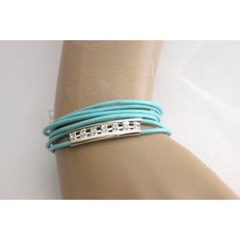 bracelet cuir bleu turquoise et perle tube