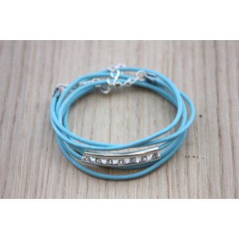 Bracelet cuir turquoise perle tube double & strass