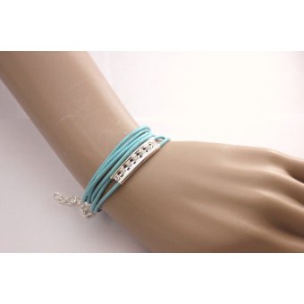 Bracelet cuir turquoise perle tube double & strass