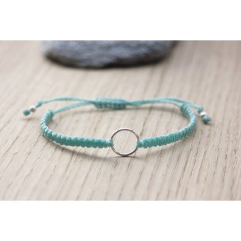 Bracelet macramé aqua anneau argent 925