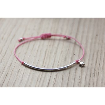 Bracelet cordon rose perle tube et étoile argent 