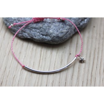 Bracelet cordon rose perle tube et étoile argent 