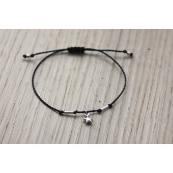 Bracelet cordon noir et breloque étoile en argent massif