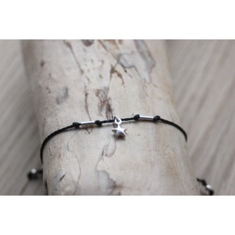 Bracelet cordon noir perles et étoile argent 925