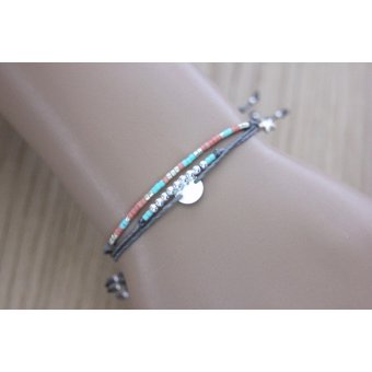 bracelet cordon perles argent et miyuki corail et aqua