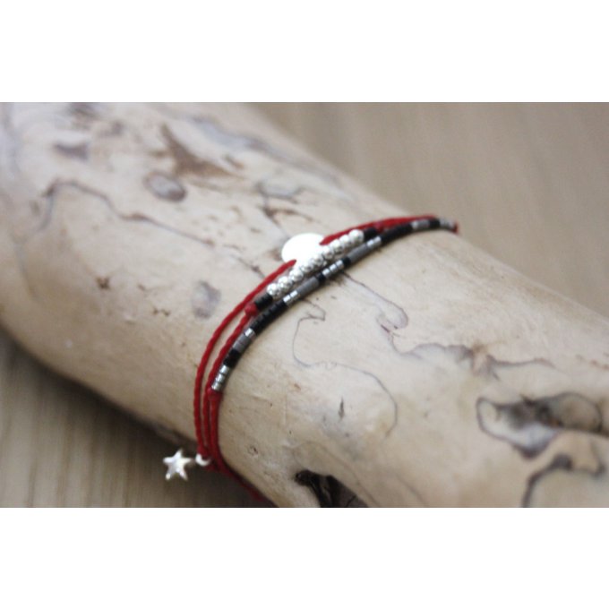 Bracelet cordon rouge perles argent massif
