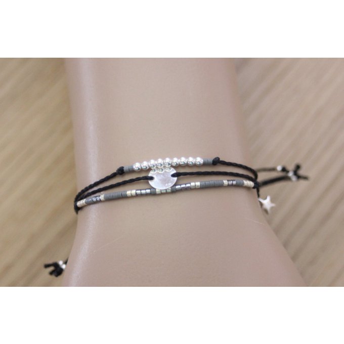 bracelet macramé cordon noir perles argent