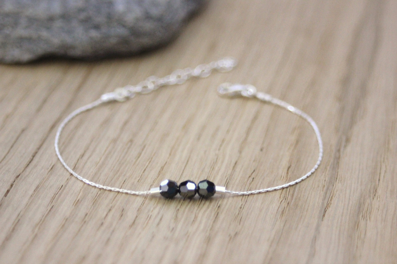 Bracelet argent 3 perles noires cristal swarovski - Emmafashionstyle