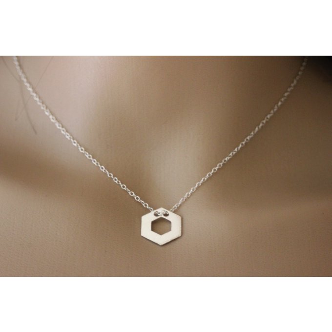 Collier argent massif pendentif médaille hexagone 