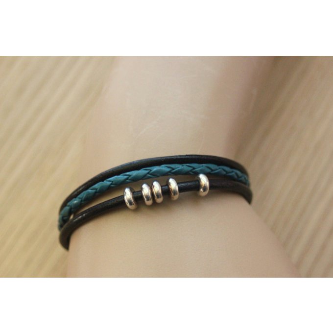 bracelet cuir noir et bleu turquoise