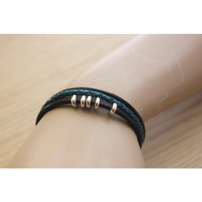 bracelet cuir femme noir et bleu pétrole