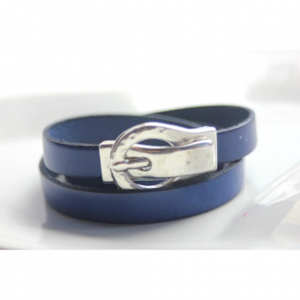 Bracelet manchette 3 tours en cuir bleu