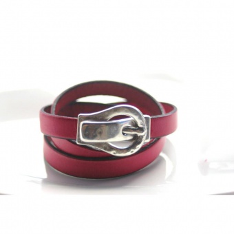 Bracelet manchette 3 tours en cuir rose fushia