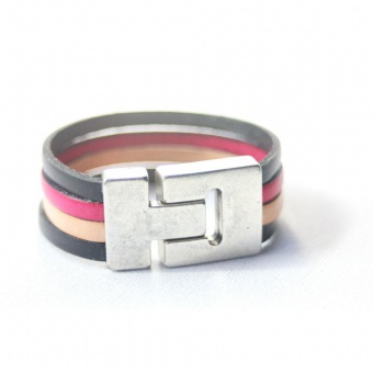 Bracelet manchette en cuir noir beige et rose