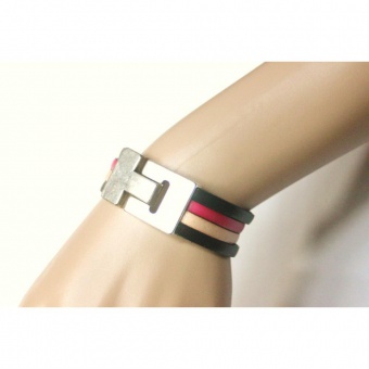 Bracelet manchette en cuir noir beige et rose