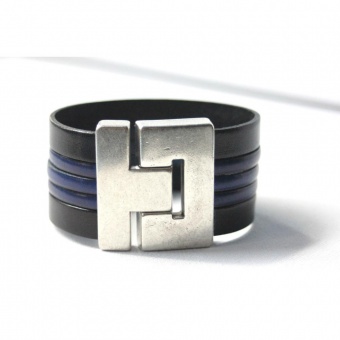 Bracelet manchette en cuir noir et bleu