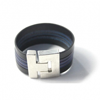 Bracelet manchette cuir noir et bleu 40mm