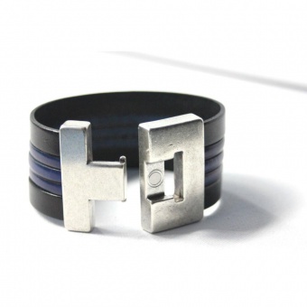 Bracelet manchette cuir noir et bleu 40mm
