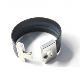 Bracelet manchette cuir noir et bleu 40mm