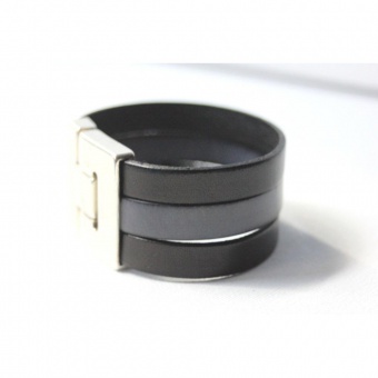 Bracelet manchette en cuir noir et gris 32mm