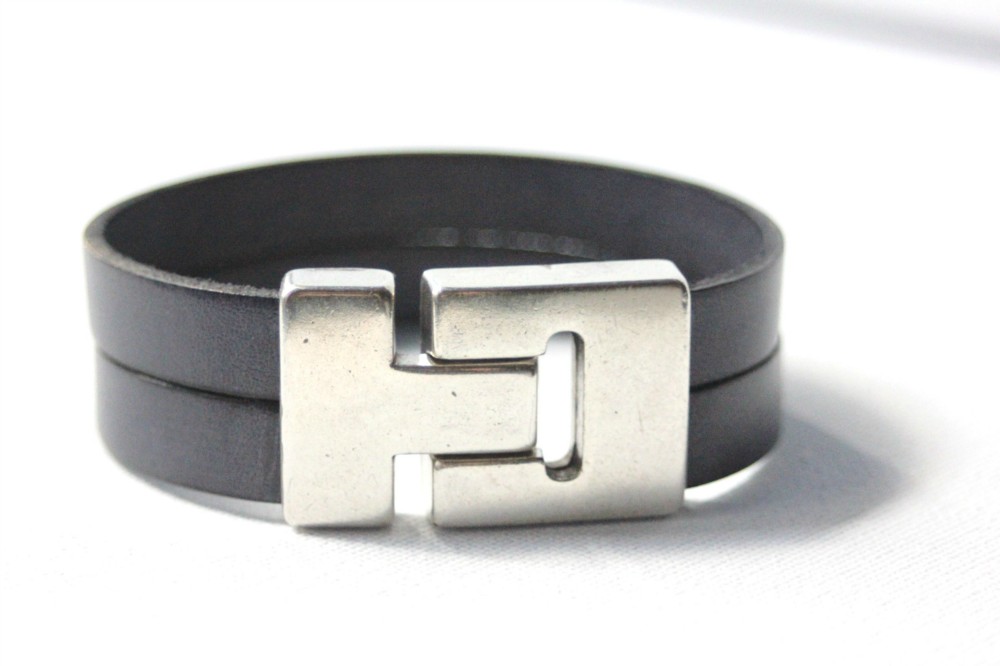 Bracelet manchette homme en cuir gris 22mm