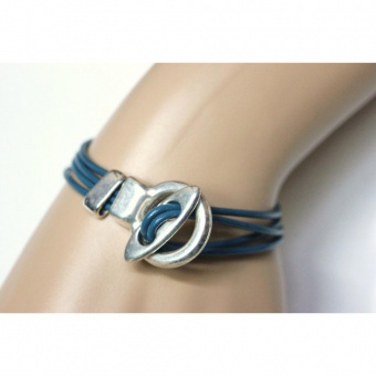 Bracelet cuir 4 cordons bleu pétrole ferm. toggle