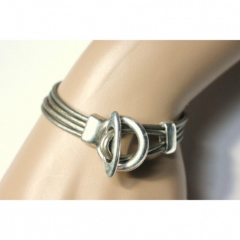Bracelet cuir 4 cordons gris métallisé toggle