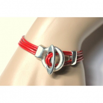 Bracelet cuir 4 cordons rouge fermoir toggle